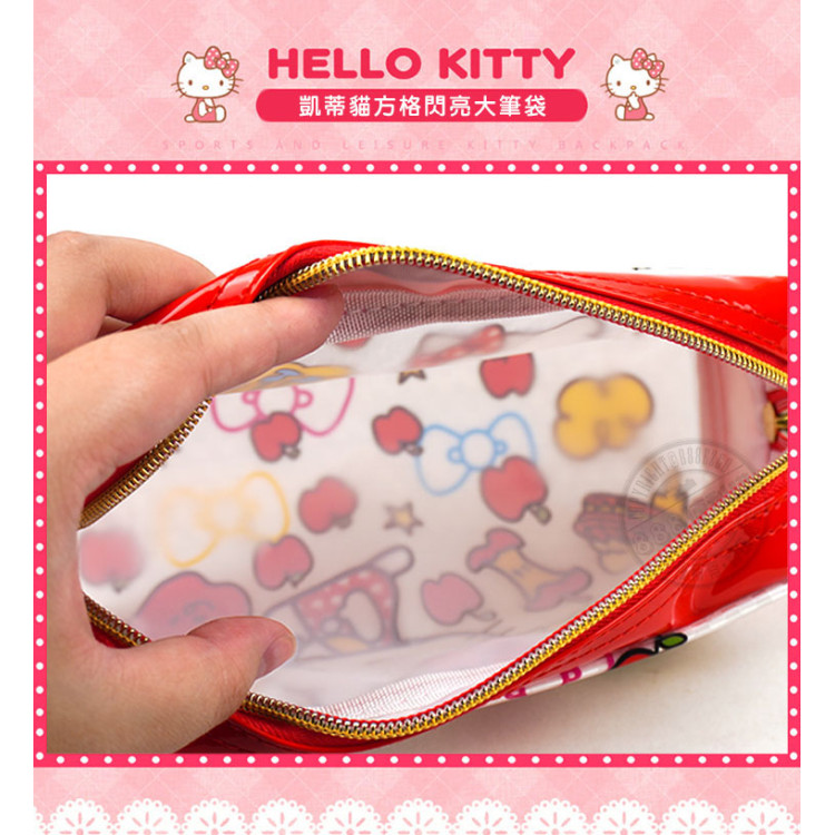 Hello Kitty 方格閃亮面金色拉鍊筆袋(授權)