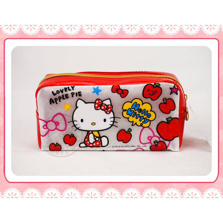 Hello Kitty 方格閃亮面金色拉鍊筆袋(授權)
