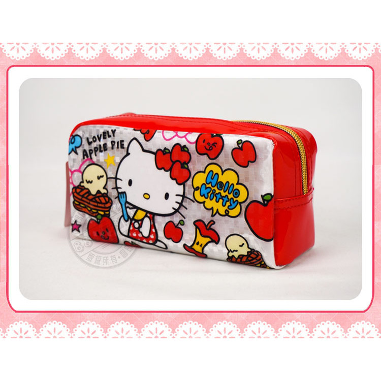 Hello Kitty 方格閃亮面金色拉鍊筆袋(授權)