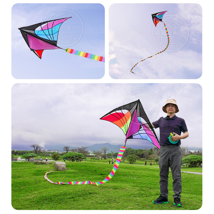 經典大三角彩色蜘蛛風箏(10米彩虹長尾)(全配/附150米輪盤線) (無法超商取貨)