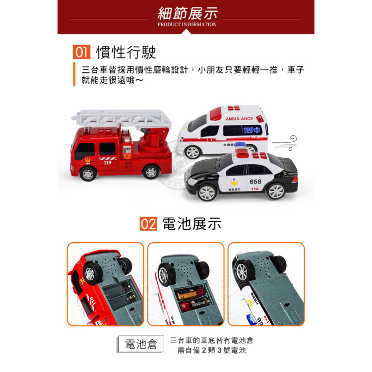 ST台灣配音3入救援車隊組(救護車+警車+消防車)(1:24品質佳超會跑)