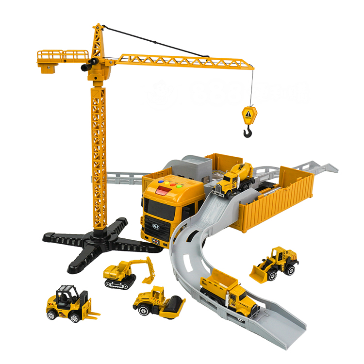 精緻盒裝貨櫃車收納軌道工地場景組(附6台合金小車)(聲光音樂說故事)(5857) (無法超商取貨)