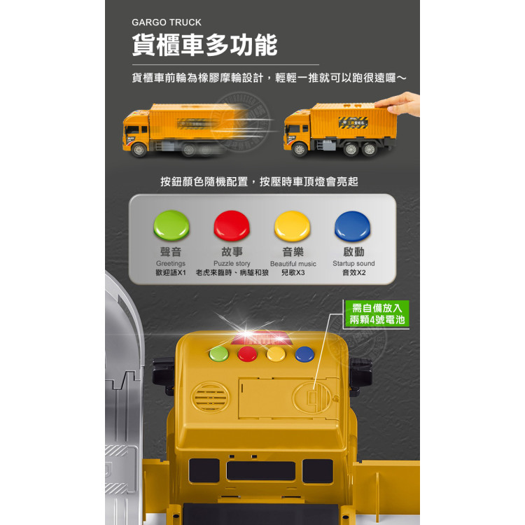 精緻盒裝貨櫃車收納軌道工地場景組(附6台合金小車)(聲光音樂說故事)(5857) (無法超商取貨)