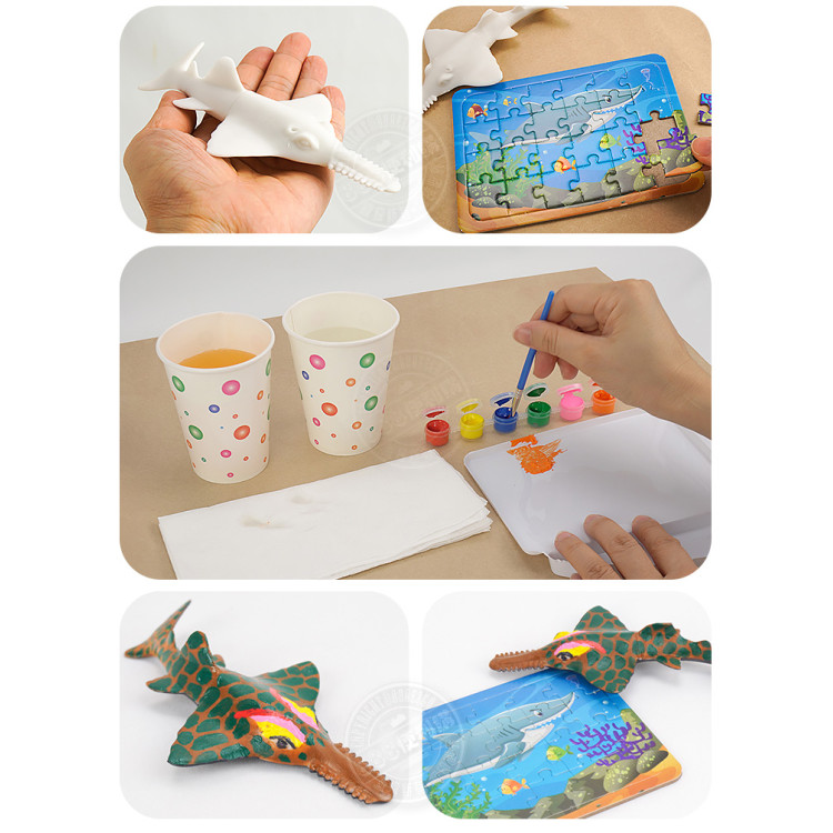 DIY彩繪上色海洋動物模型+拼圖(附顏料筆刷調色盤)(隨機)(3入裝)