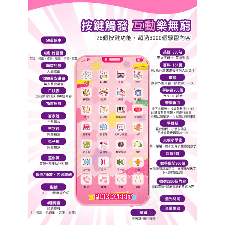 粉紅兔幼兒早教多功能手機(TypeC充電)(附小公仔)(授權21807B)
