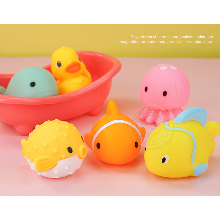 6入海洋動物洗澡玩具啾啾+浴盆(章魚版)(安全漆ST609)