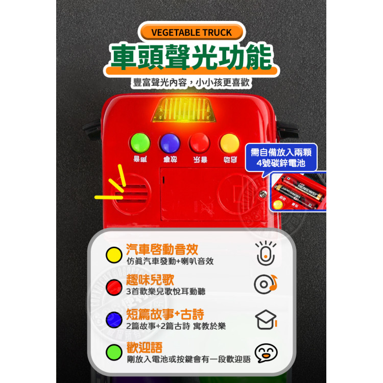 1:18 聲光摩輪蔬菜水果運輸車(附蔬果模型/後閘欄門可開/燈光音效/音樂/說故事)(5937) (無法超商取貨)