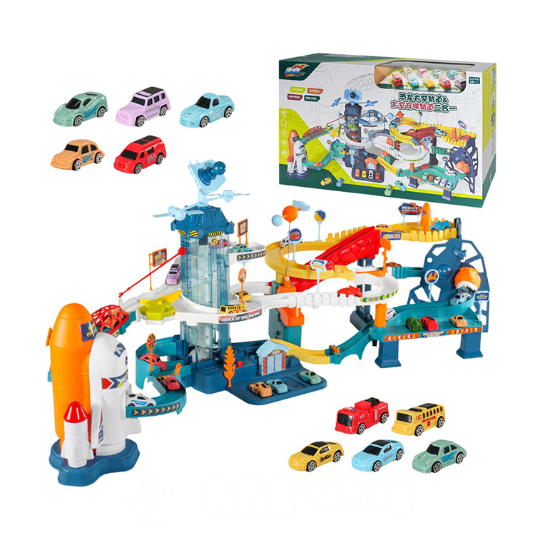 9911豪華場景太空梭+恐龍電動軌道停車場組(燈光音效+旋轉電梯+爬坡軌道+附10台小車) (無法超商取貨)
