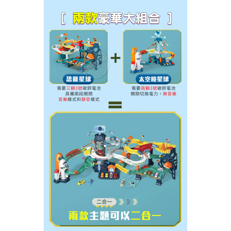 9911豪華場景太空梭+恐龍電動軌道停車場組(燈光音效+旋轉電梯+爬坡軌道+附10台小車) (無法超商取貨)