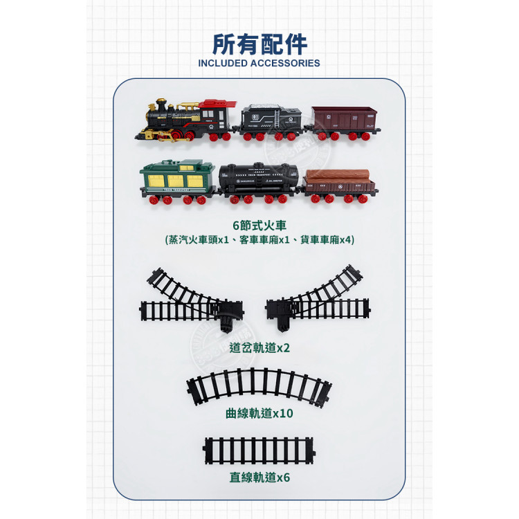 豪華版電動仿真6節式復古蒸汽火車(加水蒸氣效果/6節式/18節軌道/燈光音效)(5919) (無法超商取貨)
