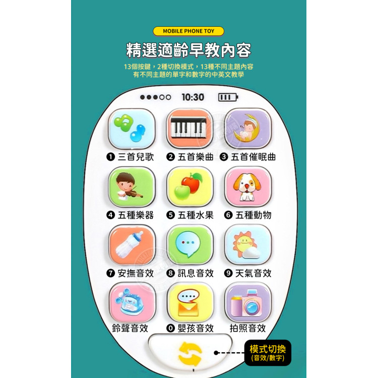 趣萌造型幼兒聲光益智手機(多功能早教雙語切換/軟耳朵/附電池吊繩)(6610)