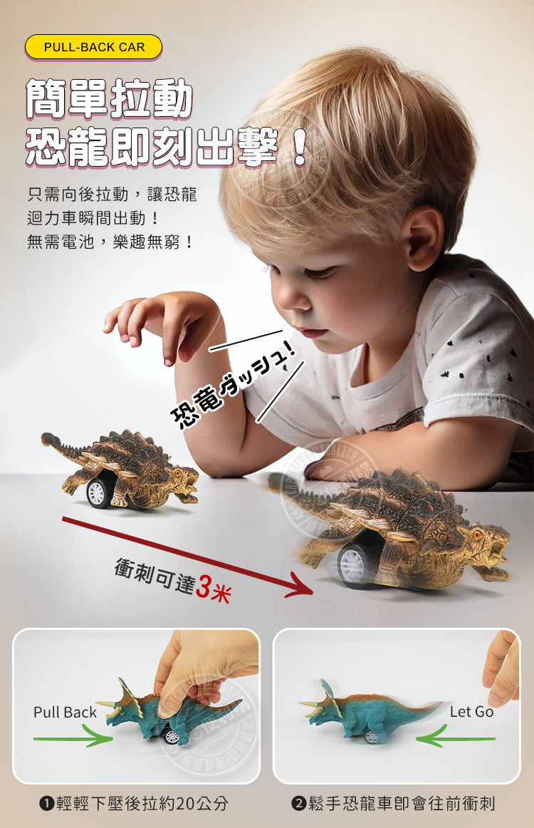 PULL-BACK CAR簡單拉動恐龍即刻出擊!只需向後拉動,讓恐龍迴力車瞬間出動!無需電池,樂趣無窮!Pull Back恐!衝刺可達3米Let Go 輕輕下壓後拉約20公分鬆手恐龍車會往前衝刺