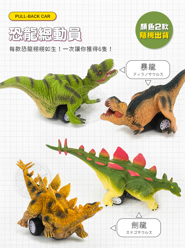 PULL-BACK CAR恐龍總動員每款恐龍栩栩如生!一次讓你獲得6隻!顏色款隨機出貨暴龍ティラノサウルス劍龍ステゴサウルス